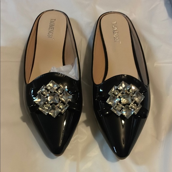 Black Patent Leather Flats with Crystal Accents - Picture 1 of 6